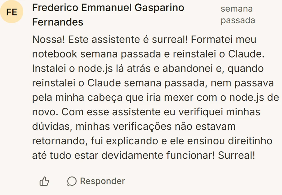 Comentário de aluno na aula de instalação sobre a IA de ajuda do curso