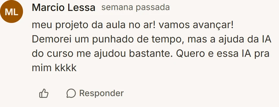 Comentário de aluno na aula do GitHub contando que o projeto está no ar