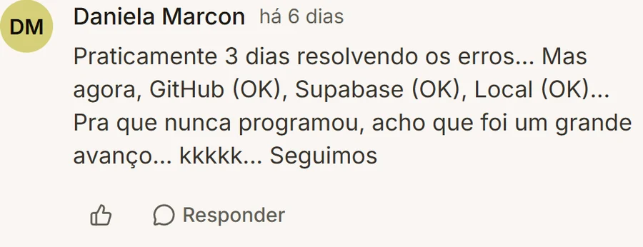 Comentário de aluna na aula de rodar o agente no computador, contando que resolveu os erros e é a primeira vez que programa