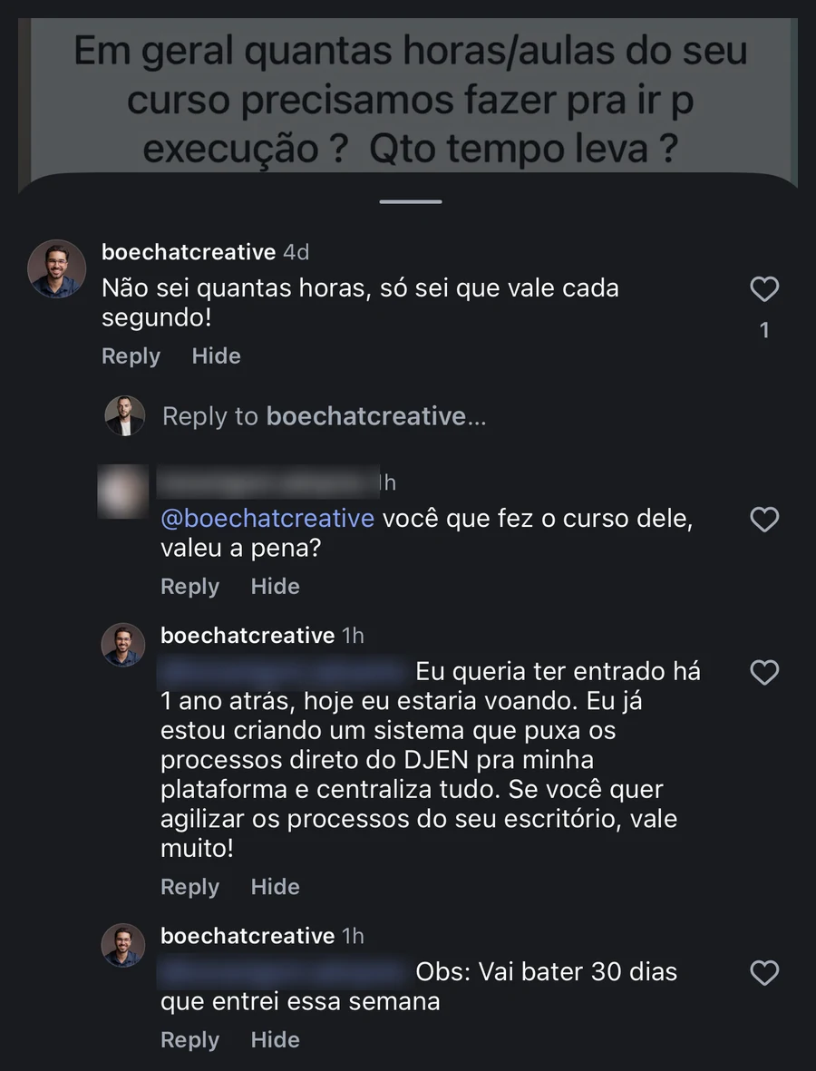 Comentário de aluno advogado no Instagram respondendo a uma colega se o curso vale a pena