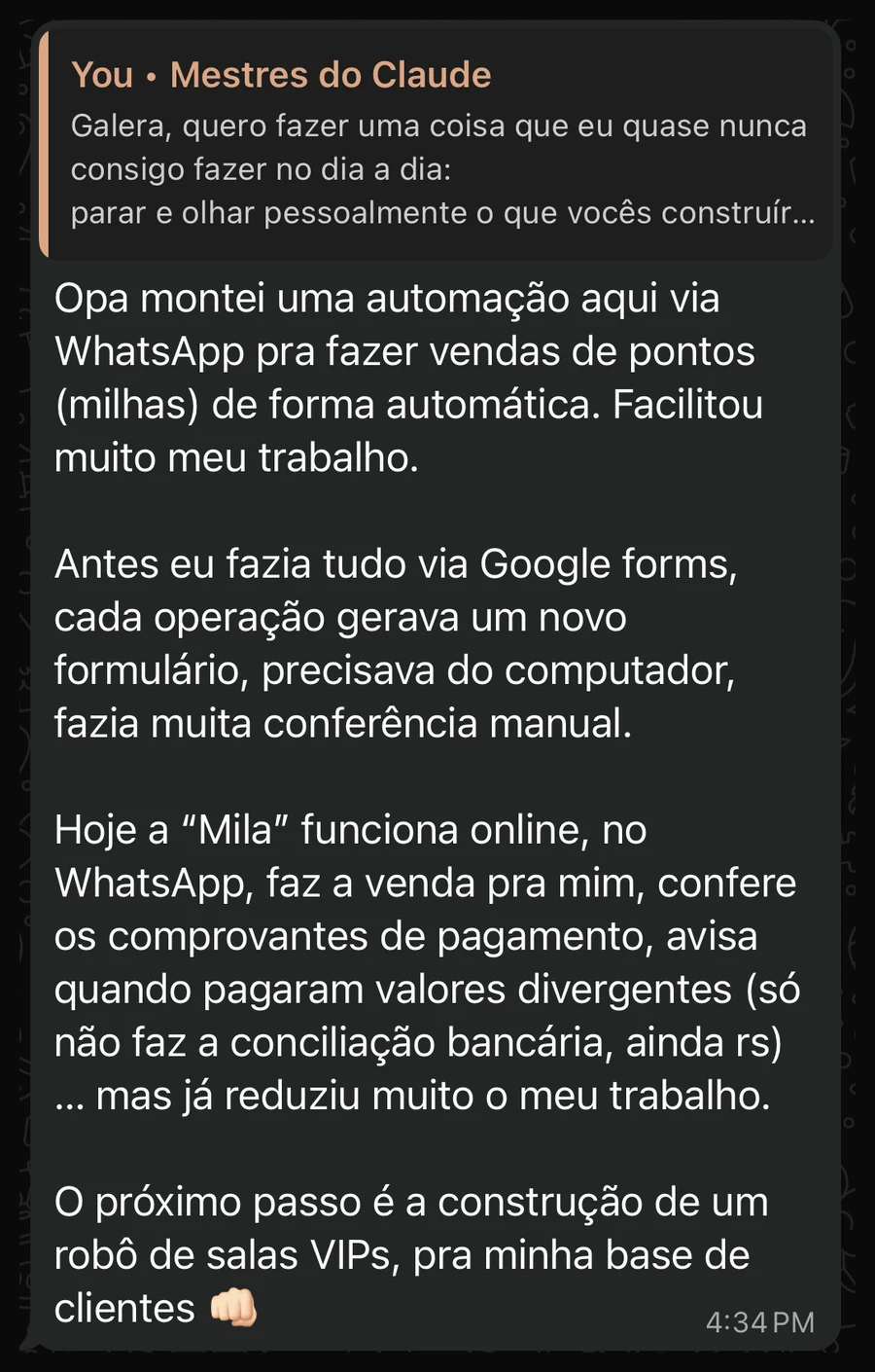 Mensagem de aluno no WhatsApp sobre a automação que vende milhas e confere comprovantes