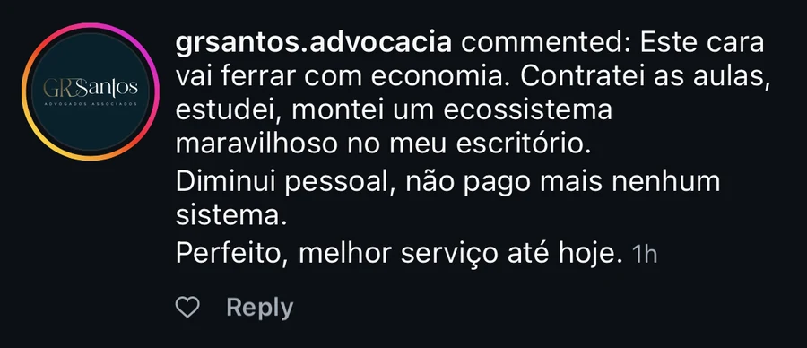 Comentário de aluno advogado no Instagram sobre o escritório