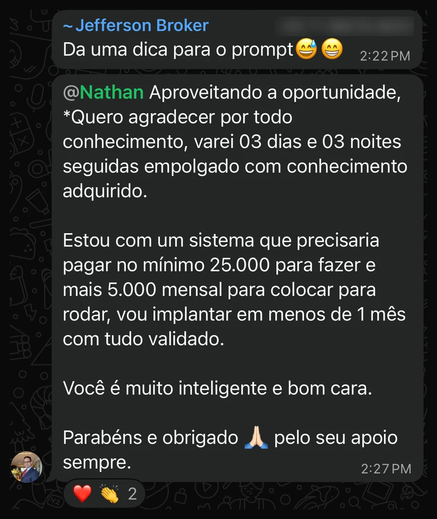 Mensagem de aluno no grupo de alunos sobre o sistema que está implantando