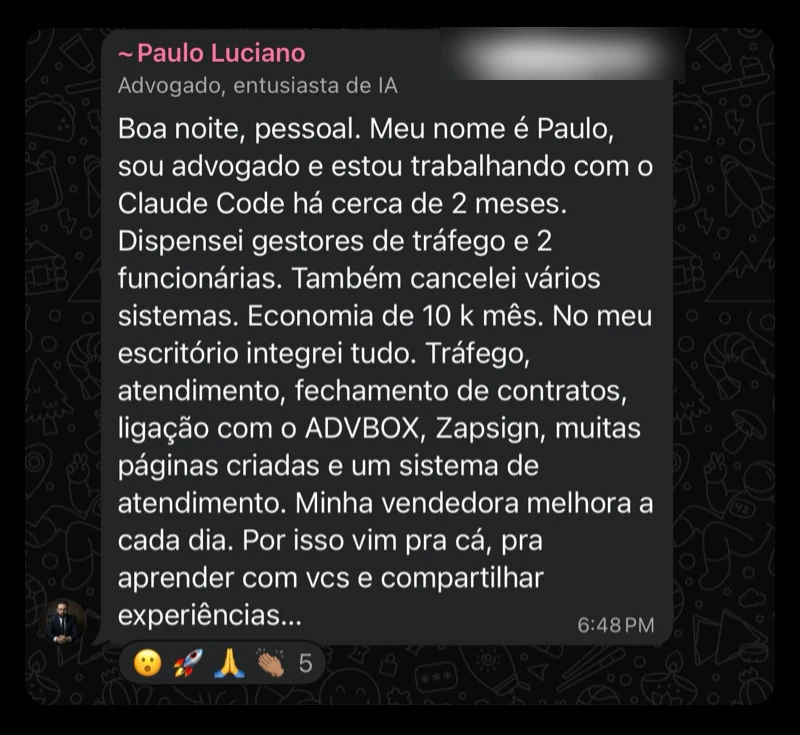 Mensagem de aluno advogado no grupo de alunos sobre os sistemas que cancelou