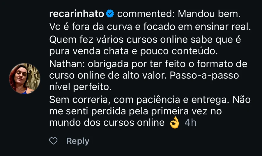 Comentário de aluna no Instagram comparando o curso com outros cursos online