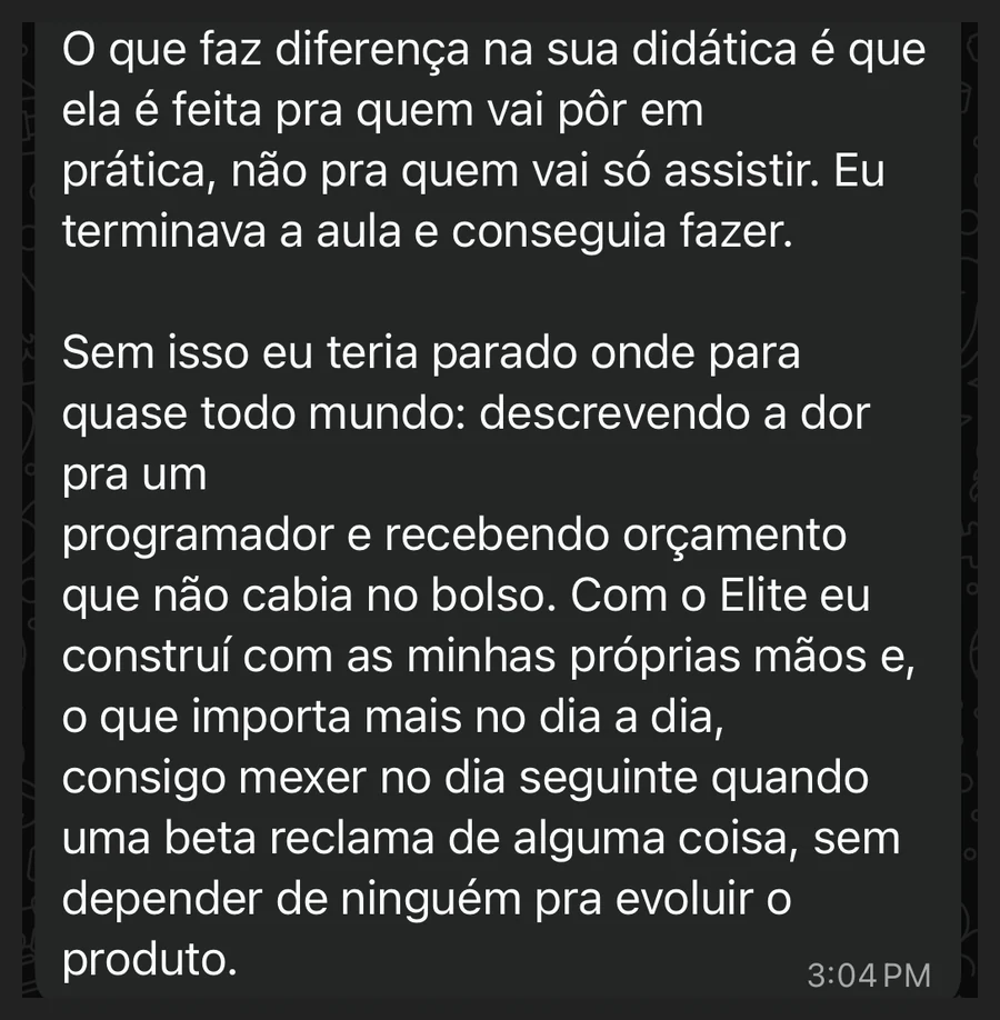 Mensagem de aluna no WhatsApp, de 12/08/2026, sobre a didática do curso