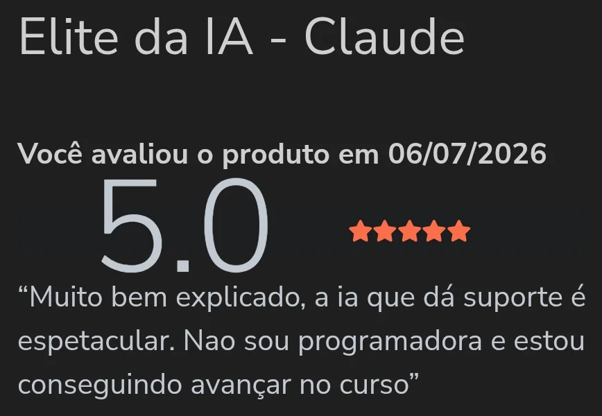Review na Hotmart, nota 5.0, de 06/07/2026, com o nome anterior do curso, Elite da IA
