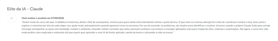 Review na Hotmart com o nome anterior do curso, Elite da IA, falando de como o professor resolve os erros na tela