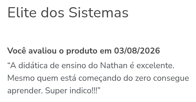 Review na Hotmart do curso Elite dos Sistemas, visto no celular