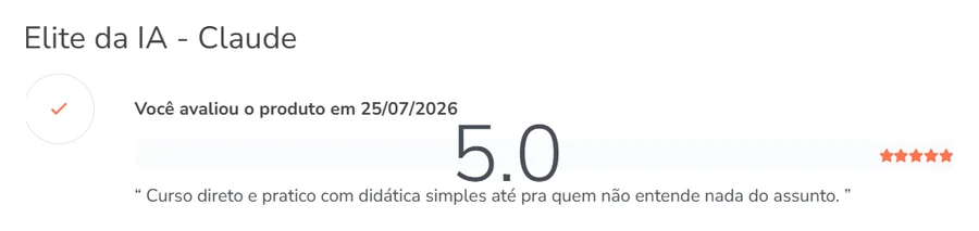 Review na Hotmart, nota 5.0, com o nome anterior do curso, Elite da IA
