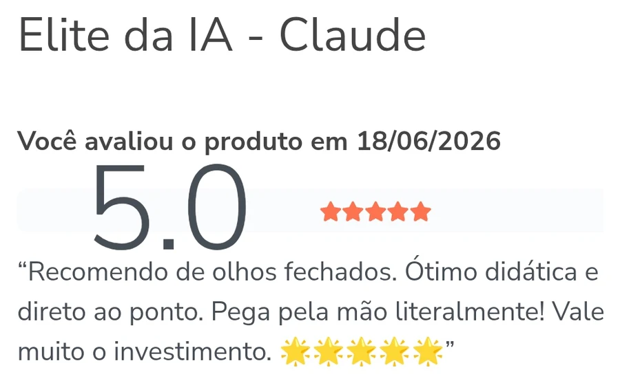 Review na Hotmart visto no celular, nota 5.0, com o nome anterior do curso, Elite da IA