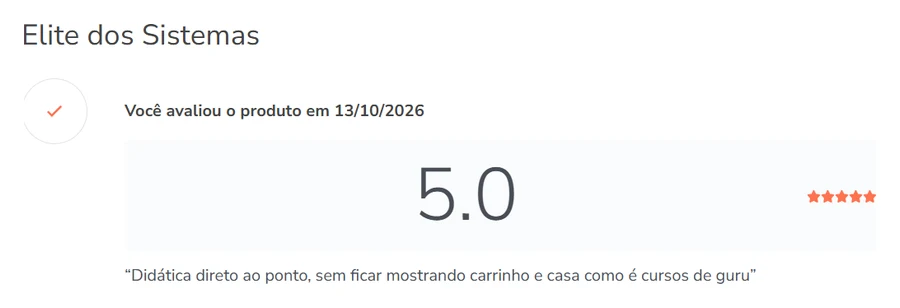 Review na Hotmart do curso Elite dos Sistemas, nota 5.0, de 13/10/2026
