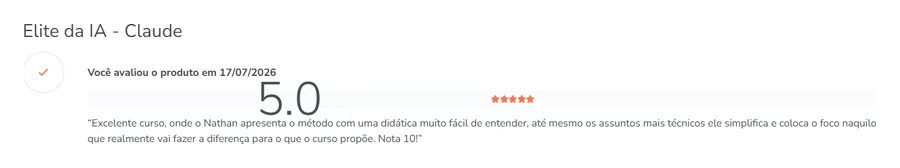 Review na Hotmart, nota 5.0, de 17/07/2026, com o nome anterior do curso, Elite da IA