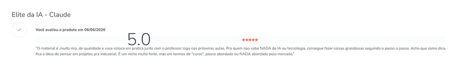 Review na Hotmart, nota 5.0, com o nome anterior do curso, Elite da IA
