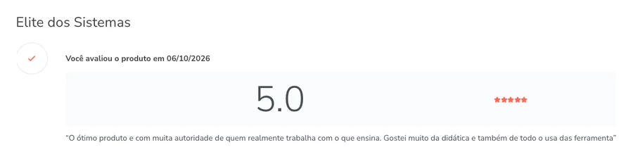 Review na Hotmart do curso Elite dos Sistemas, nota 5.0, de 06/10/2026