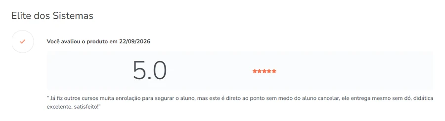 Review na Hotmart do curso Elite dos Sistemas, nota 5.0, de 22/09/2026