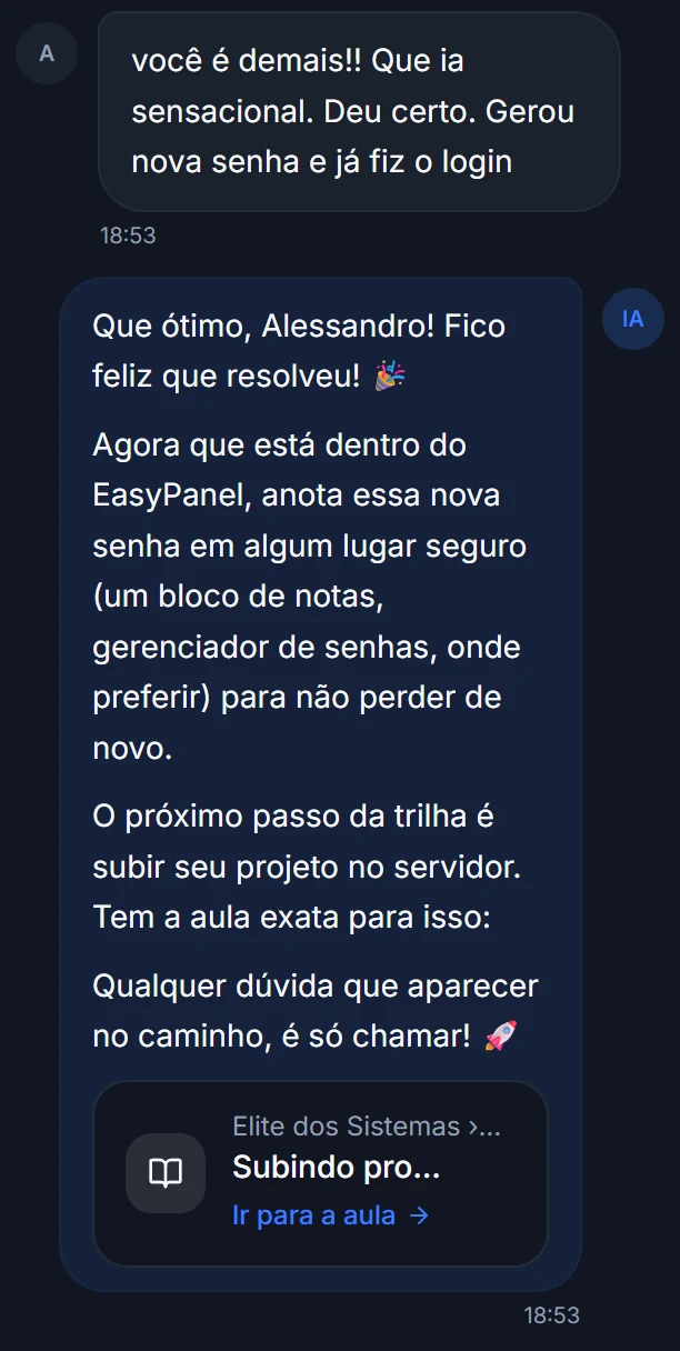 Conversa com a Tutora, a IA de suporte do curso: o aluno conta que a senha nova funcionou e ela responde com a próxima aula da trilha